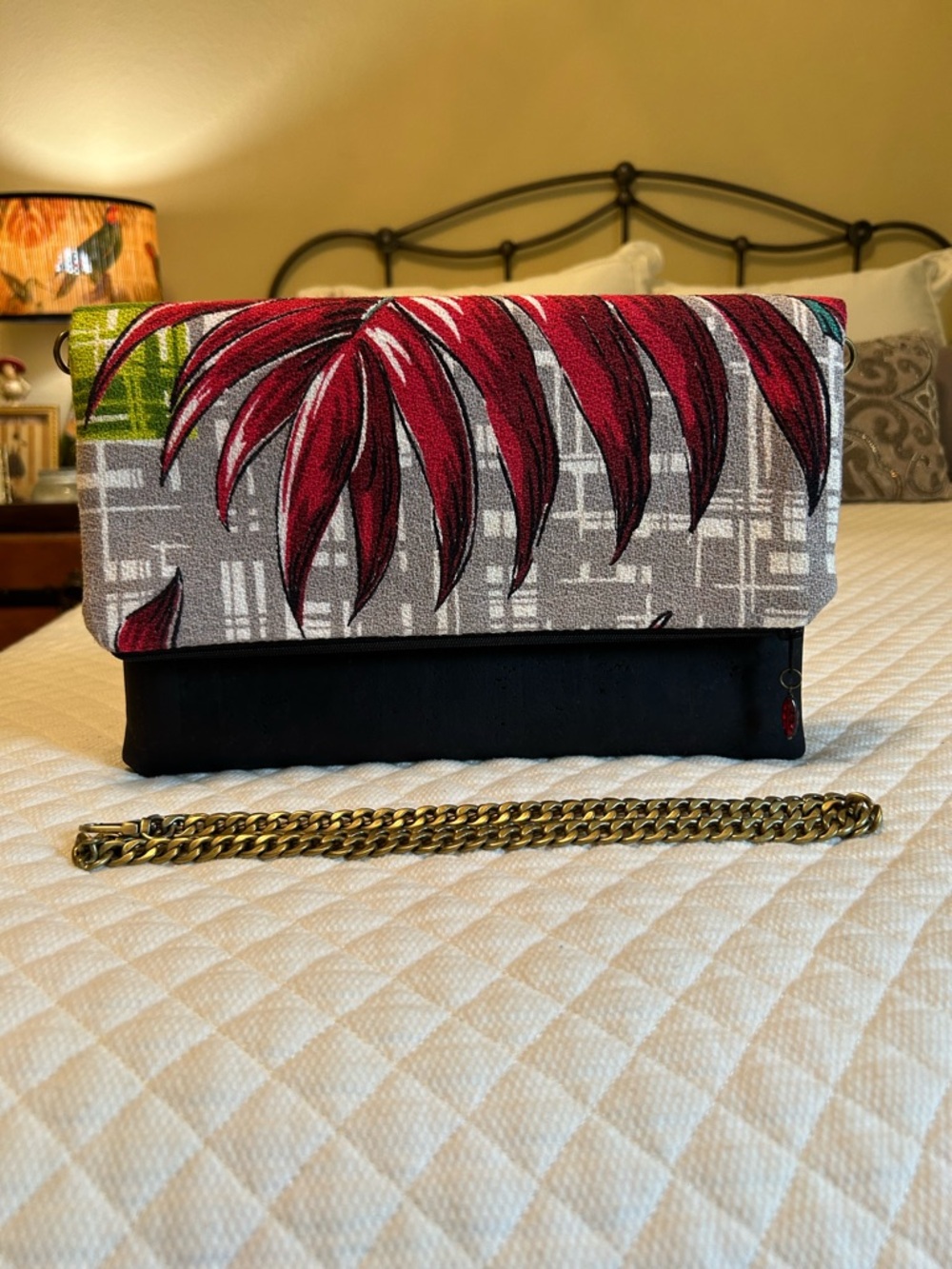 Mercedes Sherwood Foldover Clutch bag made from vintage barkcloth fabric & cork
